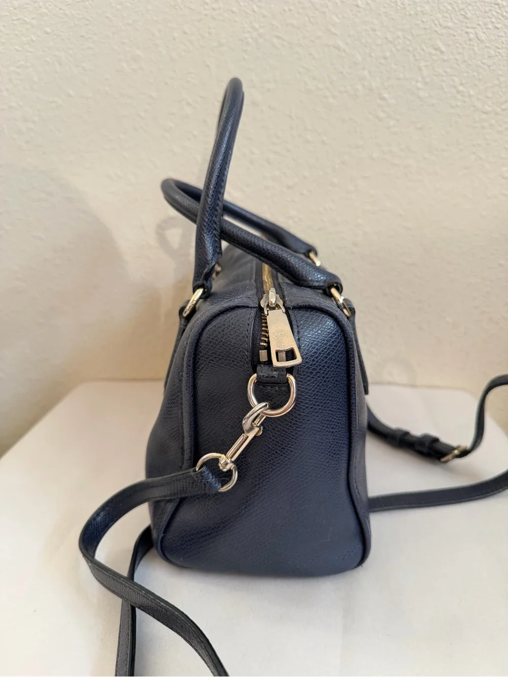 Coach Navy Blue Small Satchel Detachable Crossbody Strap Textured Leather
